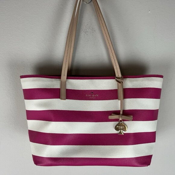 Kate Spade Hawthorn Lane Ryan Pink White Striped Tote Large Coated Canvas - Picture 3 of 11